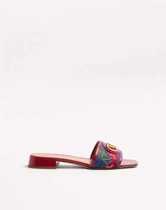 Valentino Vlogo Signature Denim Slide Sandal With Cherryfic Embroidery 20Mm - Image 1